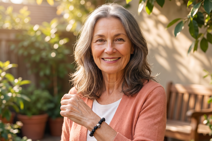 Lynda smiling outdoors, wearing the bracelet on her wrist