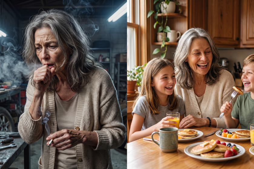 A grandmother struggling with smoking, and later happy with her grandchildren