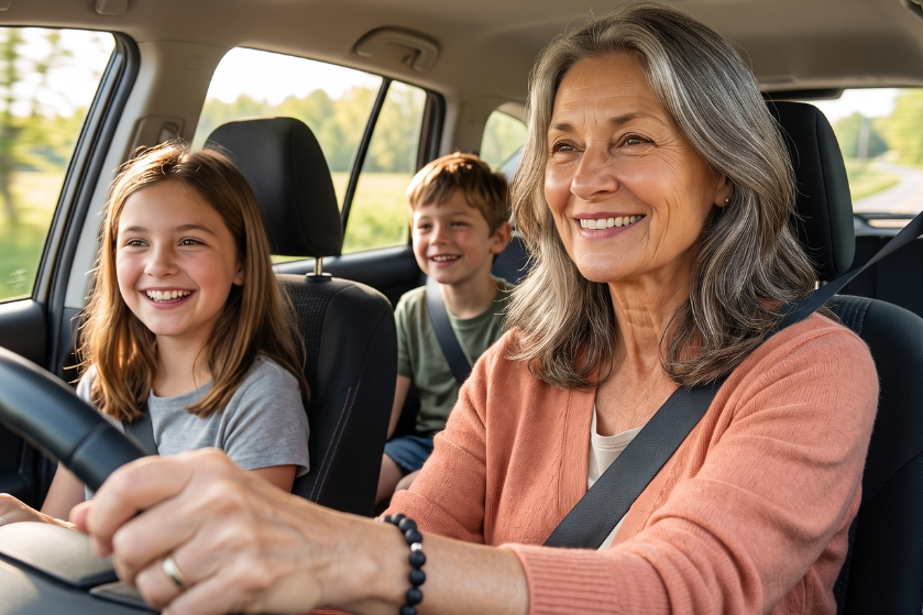 Lynda driving with her two grandchildren, laughing together