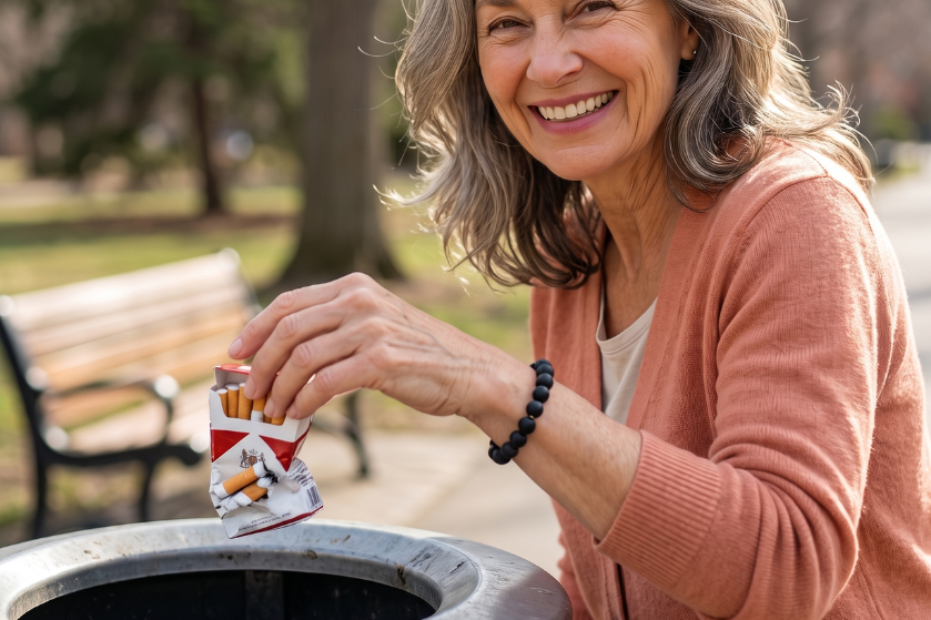 Lynda throwing her cigarettes into a public trash can, wearing the Unlit bracelet