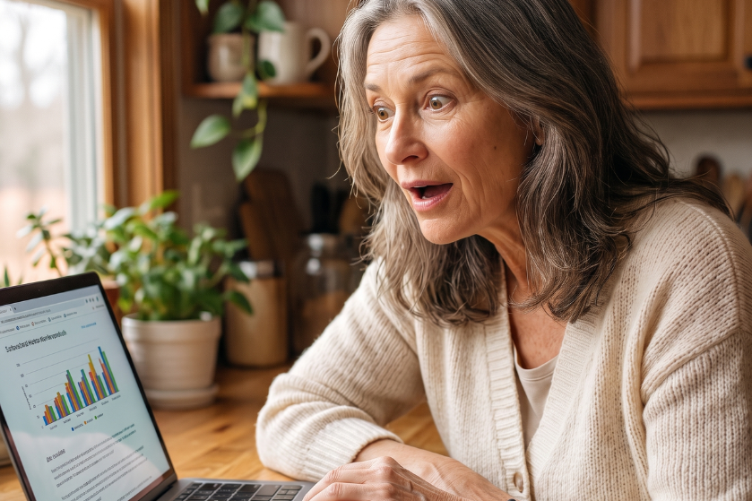 Lynda reading research about a magnetic neuro bracelet on her laptop
